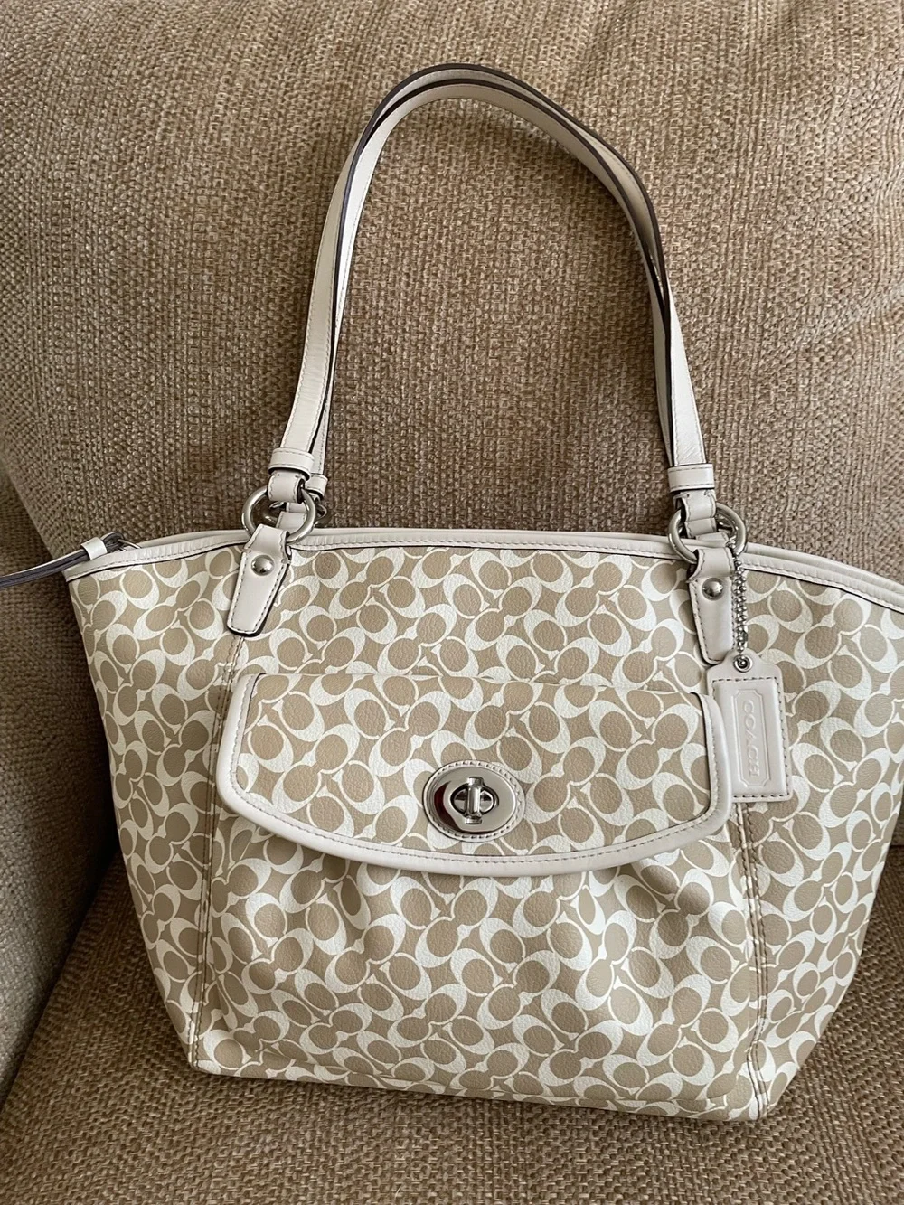 Coach Chalk and Tan Signature Jacquard Tote